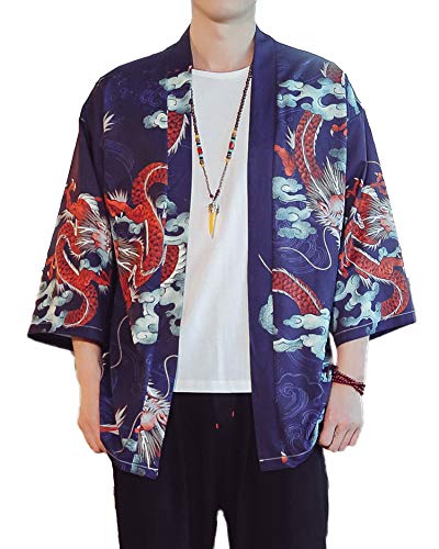 Image of PRIJOUHE Men's Lightweight Kimono Jacket Seven Sleeve Open Front Cardigan Coat Japanese Style Bathrobe