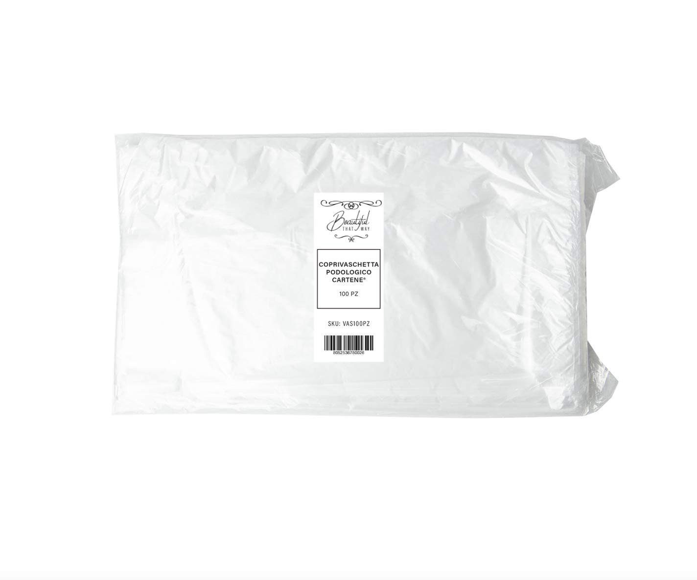 Coprivaschetta pedicure in Cartene® trasparente Beautiful That Way, monouso, 100 pezzi, misura 48x15x15 cm, impermeabile, resistente, Made in Italy, per uso professionale e casa