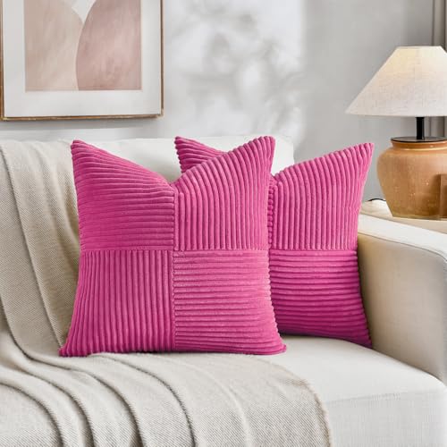 Image of Fancy Homi 2 Packs Hot Pink Decorative Throw Pillow Covers 16x16 Inch for Living Room Couch Bed Sofa, Rustic Farmhouse Boho Home Decor, Soft Corss Patchwork Corduroy Textured Cushion Case 40x40 cm