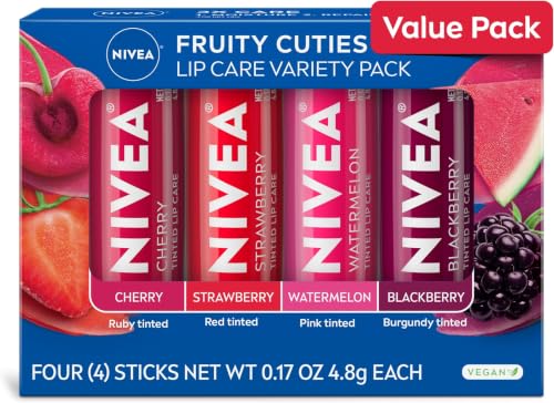 Image of NIVEA Lip Care, Fruity Tinted Lip Balm Variety Pack, Cherry, Strawberry, Blackberry and Watermelon Flavors, 3-in-1 Moisture, Repair and Color, 0.17 Oz Stick, (Pack of 48)