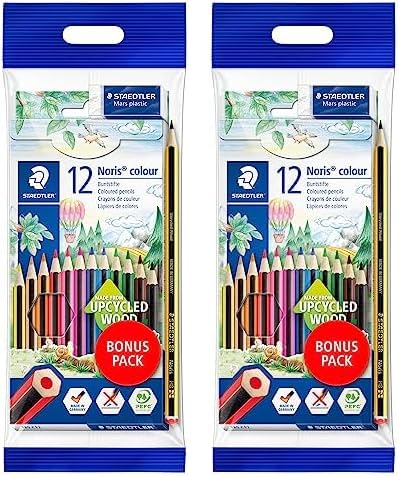 Staedtler Buntstifte Noris colour, rutschfeste Soft-Oberfläche, hohe Bruchfestigkeit, Made form Upcycled Wood, Set mit 12 brillanten Farben, Bonuspack mit Radierer und Bleistift, 61 SET6