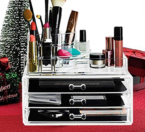 Clear Acrylic Cosmetics Makeup and Jewelry Organizer 3 Drawers with 8 Compartments Top Section (idea for Christmas , birthday gift ) ~ We Pay Your Sales Tax