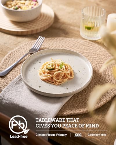 Image of Famiware Meteor Stoneware Dinnerware Sets with Pasta Bowls, Service for 4 (16 Pieces), Plates and Bowls Sets, Microwave and Dishwasher Safe Dishes Set, Creamy White
