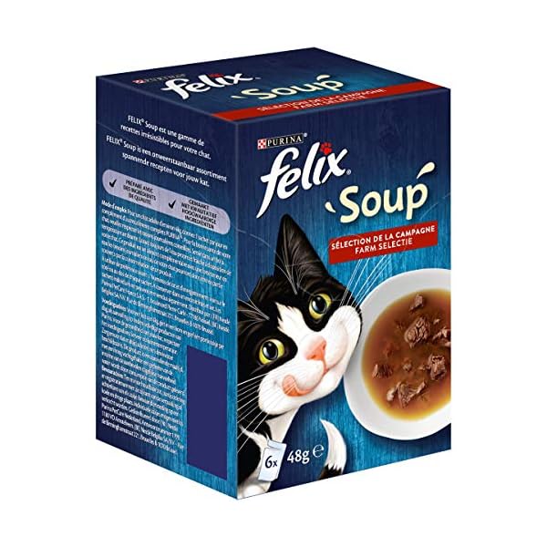 FELIX Soup, Suppe für Katzen mit zarten Stückchen, Geschmacksvielfalt vom Land, 8er Pack (8 x 6 Beutel à 48g)