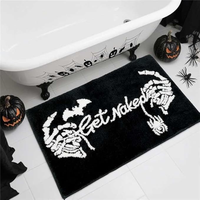 Get Naked Gothic Bath Mat Black White Gothic Bathroom Rug Skull Skeleton Get Naked Bath Mat Non-Slip Rug Washable Goth Bath Rug for Front Door, Bedroom, Living Home Decor 20x32 inch