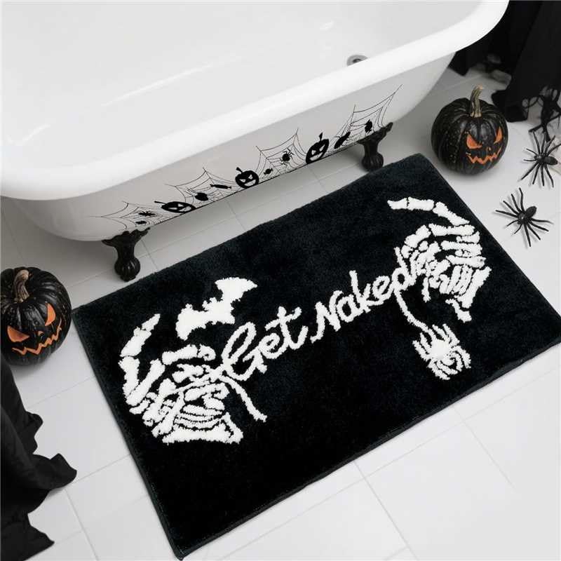 Lindameler Get Naked Gothic Bath Mat Black White Gothic Bathroom Rug Skull Skeleton Get Naked Bath Mat Non-Slip Rug Washable Goth Bath Rug for Front