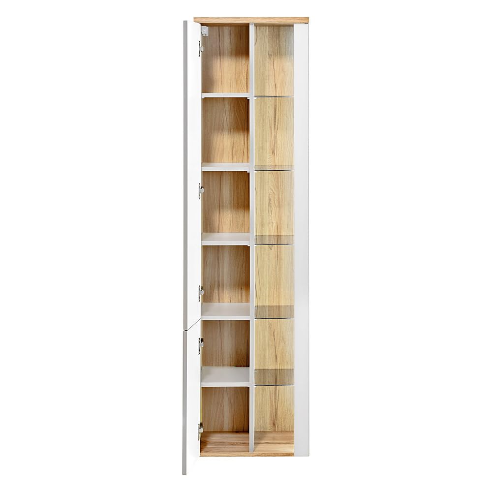 Lomadox Badezimmermöbel Badmöbel Set, 80cm Unterschrank mit Keramik Waschbecken, Hochglanz weiß mit Wotaneiche, 2 Hochschränke und LED-Spiegelschrank