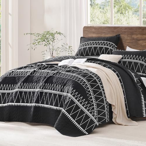 Image of Andency Black King Size Quilt Set, 3 Pieces Boho Lightweight Soft Striped Bedspread for All Season (106 inchx96 inch), Printed Bohemian Polyester Reversible Coverlet Comforter Sets