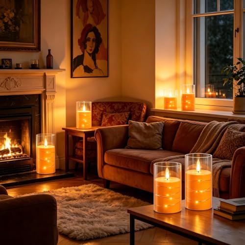 Image of Da by 3 Pack Orange Transparent Acrylic Flameless Taper Candles, Flickering Black Wick LED Candles with Fairy String Lights, Heat Resistant ABS Candles with Remote for Indoor Outdoor Decor
