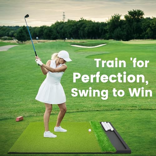 Image of Dual Turf Golf Hitting Mat with Ball Tray, Integrated Golf Practice Mat for Indoor & Outdoor Use Golf Training Mat with 3 Tees