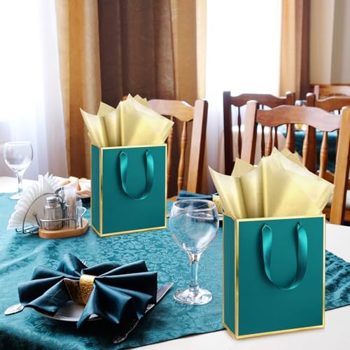 Image of Yeaqee 24 Pack Metallic Paper Gift Bags, Turquoise, Gold | with Satin Ribbon Handle and Tissue, 9x7x3.1 Inch, Suit Business, Birthday, Christmas, Thank You Return Gifts Bags