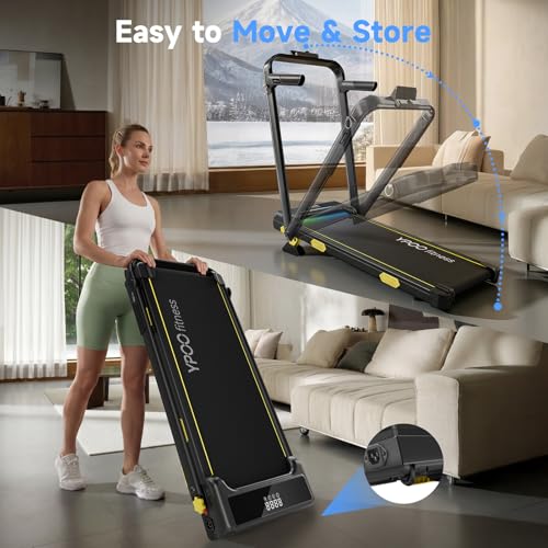 Image of YPOO Foldable Treadmill with Incline, Walking Pad with Handle Bar 3 Level Incline, Portable Folding Treadmills for Home /Office 300 Lbs Capacity, Quiet Desk Treadmill with Remote Control & APP