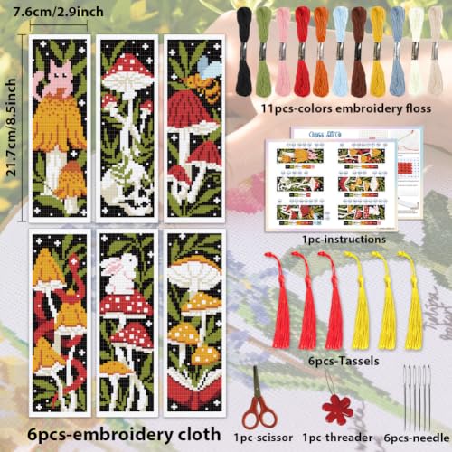 Image of ACRNIGHEET 6PCS Cross Stitch Bookmark Kit for Beginner Stamped Cross Stitch Kits for Adults Mushroom DIY Tassel Embroidery Bookmark Kits Needlepoint Kit with Instructions Craft Gift 8.5''x3'' 11CT