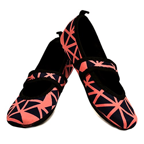 Nufoot Betsy Lou Women s Shoes, Foldable & Flexible Flats, Travel & Exercise Shoes, Dance Shoes, Yoga Socks, Indoor Shoes, Slippers, Blue with Pink Abstract Lines, Large