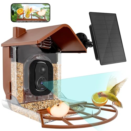 Bird Feeder with Camera Smart Solar Powered Camera Bird Feeder 2K HD Live Feed Cam for Outdoor Backyard AI Identify Auto Capture Videos Motion Detection 2.4/5GHz WiFi Gifts for Birds Lovers (Brown)