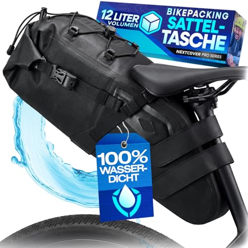 Nextcover Bikepacking Satteltasche [12 Liter] I Fahrradtasche Sattel I 100% Wasserdicht Dank AquaShield-TPU I Satteltasche für Fahrrad Bikepacking Taschen für Gravelbike Rennrad MTB