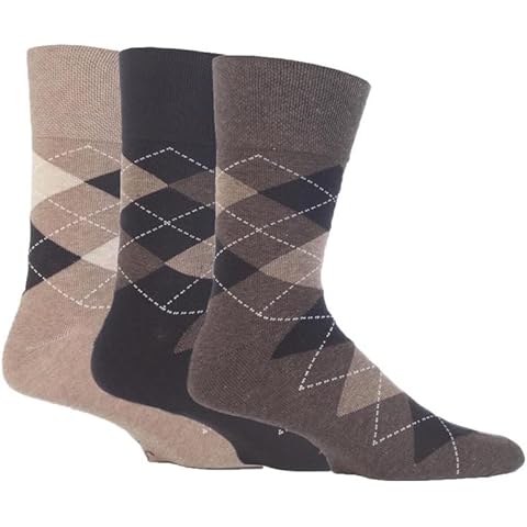 Gentle Grip Mens 3 Pair Argyle Cotton Socks Beige / Brown 6-11 Cover