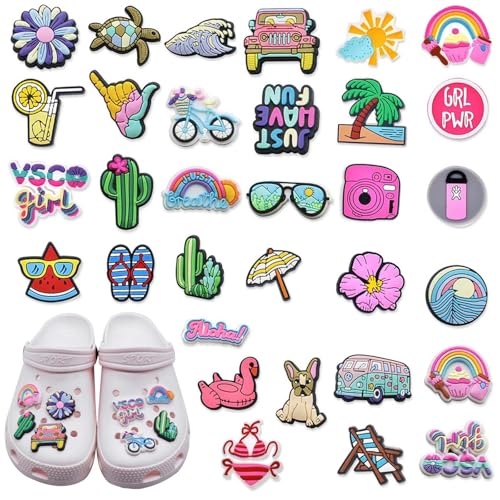 YUBBYSTU 35 dijes para zapatos de playa frescos de verano, bonitos dijes de zuecos, dijes de decoración de zapatos de PVC, accesorios de zapatos preparados compatibles con cocodrilo para vacaciones