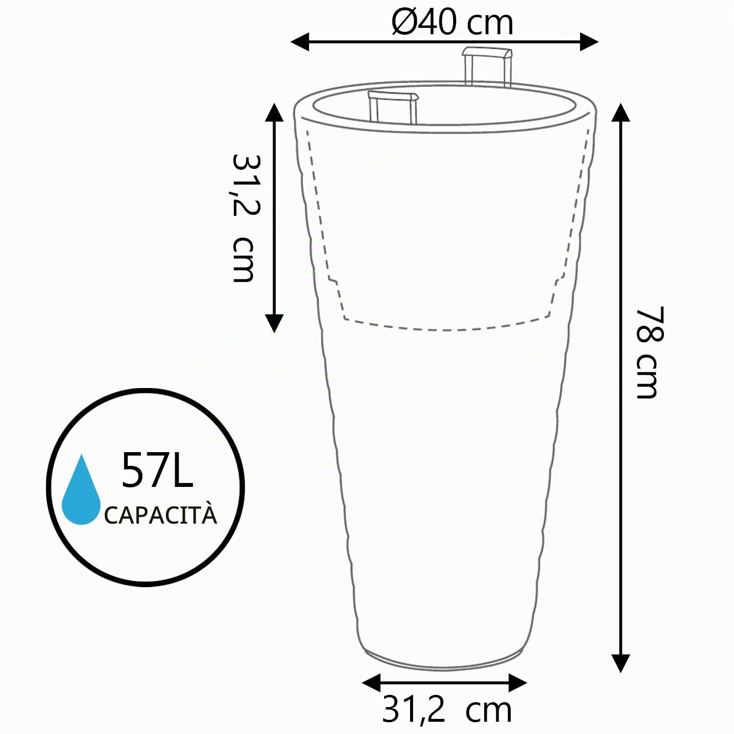 IMJ-Global Vaso per Fiori piante Tondo Matuba Slim Decorativo in Plastica Alto 78 cm da interno esterno Ø40x40 cm Tondo Bianco Design Moderno 57 Litri
