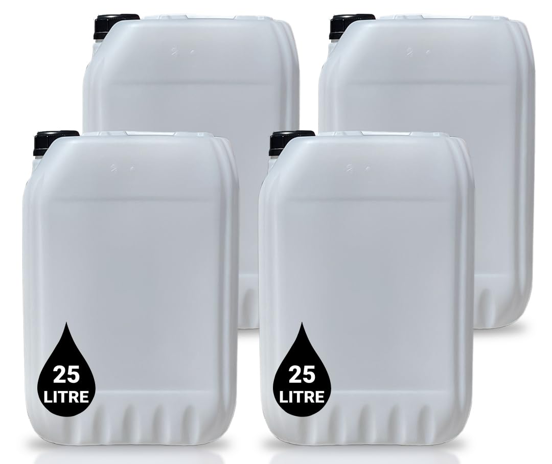4 x 25L Plastic JERRY CAN for Water & Chemicals Storage Container – UN Certified Food Grade Stackable with Tamper-Evident Cap, Ideal for Outdoor Camping Emergency and Industrial Use