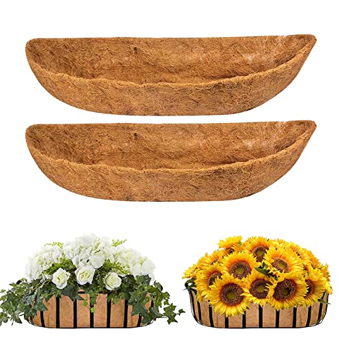YUNSTK 2 Pcs Coco Liner Trough, 24 Inch Wall Mounted Planter Liner, Natural Coconut Fiber Hanging Basket Liners, Coco Fiber Replacement Liner for Window Box Planter, Wall Basket