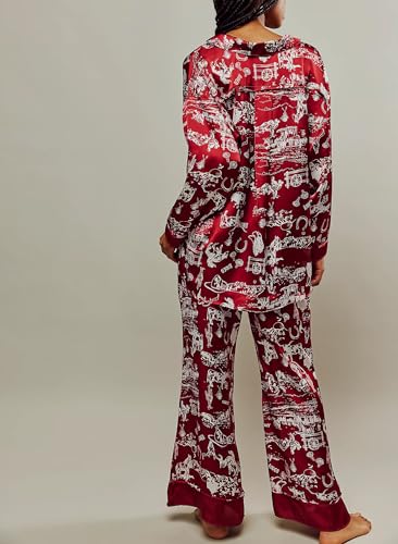 Image of LILTWIST Silk Satin Pajamas Set for Women 2 Piece Floral Pjs Wide Leg Lounge Pants Set Long Sleeve Button down Pj Shirts Set