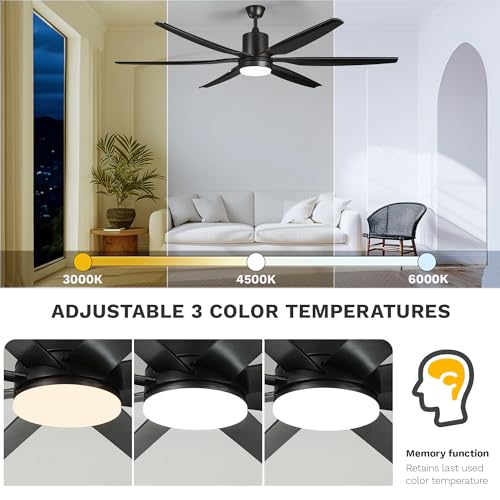 DWVO 66 inch Ceiling Fan with Lights, Smart Ceiling Fan with App/Remote Control, 3CCT Lighting, 6-Speed, Reversible Quiet DC Motor, for Living Room, Dining Room, Bedroom - Black