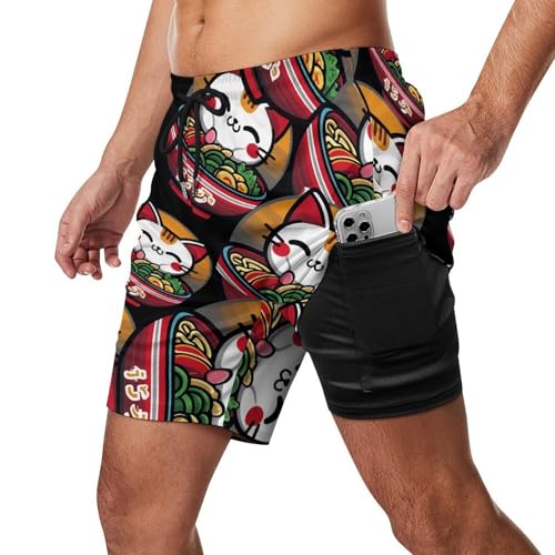 Japanese Cat Eating Ramen Mens Swim Trunks with Quick-Drying Lining Beach Shorts for Outdoor Sports2