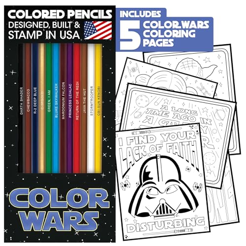 PunLabs Color Wars Parody Colored Pencil Set for Fans - 12 Star Wars-Inspired Parody Pencils with Clever Foil-Stamped Names - 5 Color Wars-Themed Coloring Pages