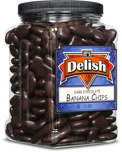 Dark Chocolate Covered Banana Chips by Its Delish, 3 Lbs Jumbo Container | Gourmet Dark Chocolate Banana Chips, Healthy Snacks Chocolate Fruit, USA Made, Vegan, Kosher