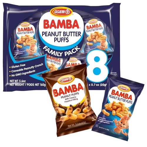 Osem Bamba Peanut Butter Puffs, Original & Hazelnut Bundle - All Natural Peanut Butter Puffs Family Pack + 1 2.1oz Bag of Hazelnut Bamba
