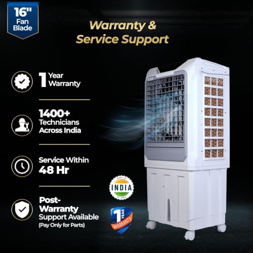 Image of Mighty 16 Desert Air Cooler | 16 Inch Special Bent-Edge Blade, 100L Tank, 5190 m /hr Air Delivery | Covers 350 Sq Ft | Honeycomb Pads, Aluminium Motor, Closed Louvers, Wheels | White & Grey