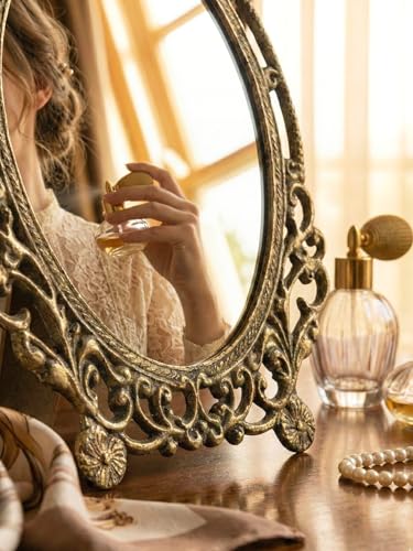 Image of Vintage Brass Table Mirror 9x6 Inch | Antique Finish Decorative Dressing Mirror with Stand | Handcrafted Solid Brass Frame for Home Decor & Vanity