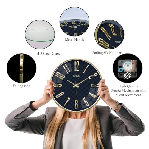 Image of RANDOM Silent Wall Clock, Non-Ticking Quartz Movement, Foiling Ring and 3D Numbers (Blue)
