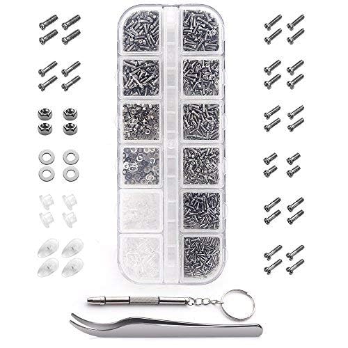 Eyeglasses Repair Kit, 1100Pcs Tiny Screws and 5 Pairs Nose Pads Stainless Steel Set with Micro Screwdriver Tweezer for Glasses, Sunglasses, Watch Repair