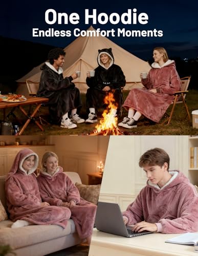 Mewaii Tragbare Decke mit Kapuze und Ärmeln,Kuscheldecke mit Handschuhen Weiche Flanell Sherpa Decke für Damen und Herren Ideal für Zuhause Reisen und Tierliebhaber - Hängeohrkaninchen