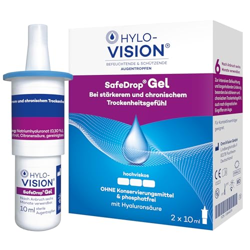 Hylo-Vision SafeDrop Gel Augentropfen – Linderung bei stark und chronisch trockenen Augen, intensive Befeuchtung, hochviskos, konservierungsmittelfrei, geeignet bei Kontaktlinsen, 2x10 ml