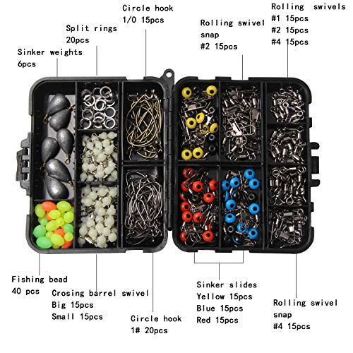 201/251pcs Fishing Terminal Tackle with Box - Fishing Hooks, Swivel, Weight, Fishing Float Bobber, Fishing Stopper, Barrel Crimps, Sinker Slide, Split Ring, Beads for Freshwater Saltwater Fishing - Thumbnail 2