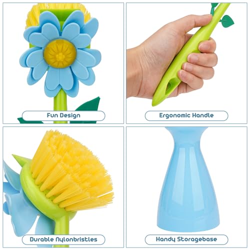 Image of Long Handle Flower Pot Brush, Florganic Dish Brush with Vase, Long Handle Dish Brushs Kitchen, for Cleaning Pot Pan Sink Kitchen Supplies Decorative Vase (Blue)
