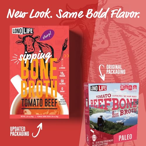 Image of LonoLife Tomato Beef Bone Broth Packets 10 Pack, Grass-Fed, 8g Protein