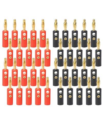 ALONK 40 St&uuml;ck Bananenstecker 4mm, Bananenstecker mit Schraubbarer Ausf&uuml;hrung f&uuml;r Kabel Boxen Endstufen Av-Receiver HiFi Stereoanlagen (schwarz Rot)