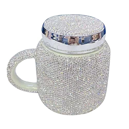 Bling Rhinestone Ceramic Coffee Mug with Lid And Handle, Crystal Travel Water Cup for Office Outdoor Home 400 ML Coffee Cup for Women Christmas Birthday Gift,Silver