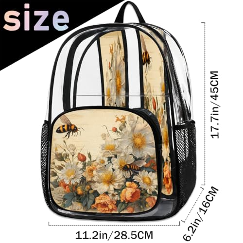 Vintage Bee Clear Backpack for Stadium Events, Bumblebee Flowers Waterproof Clear Bag for Women Men Adult Sport Work Daily Music Festival and Concerts2