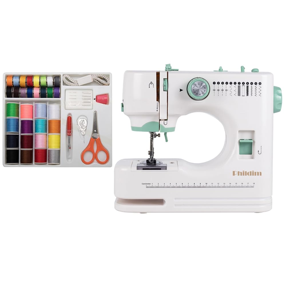 Mini Sewing Machine for Beginner by Phildim (Sewing Supplies set included) - Small Sewing Machines with Two Needle Types, Two Speeds, LED Sewing Light, Foot Pedal PD-073-UK-B14