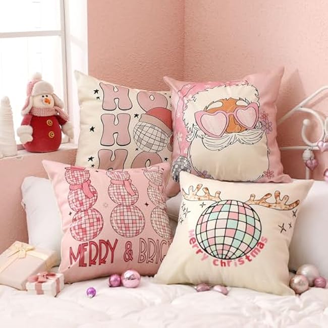 4 Pcs Preppy Pillow Cover - Pink Disco Ball Christmas Decorative Pillowcase - Cute Santa Snowman Girly Winter Decor for Sofa Couch Bedroom - 18 x 18 Inch
