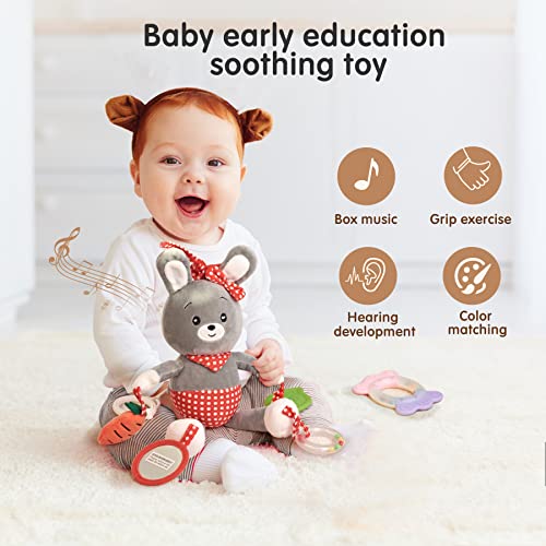 Rabbit Baby Toy 0-6-12 Months, Baby Car Seat Toy And Stroller Toy Easter Gifts For Babies With Teething Toy Multi-Sensory Rattle Musical Box And Safety Mirror For Newborn Baby Girls And Boys #TOP1