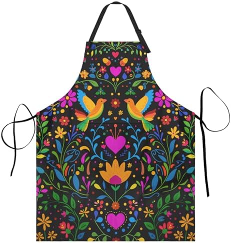 Mexican Floral Apron Colorful Plant Bird Flower Aprons Adjusted Bib with 2 Pockets Kitchen Durable Waterproof Resistant Chef for Cooking Grill BBQ Baking for Men Women