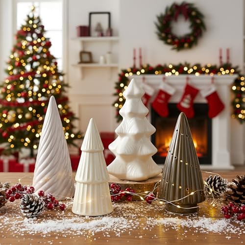 Wesiti 4 Pcs Ceramic Christmas Tree Decor, White Porcelain Figuri...