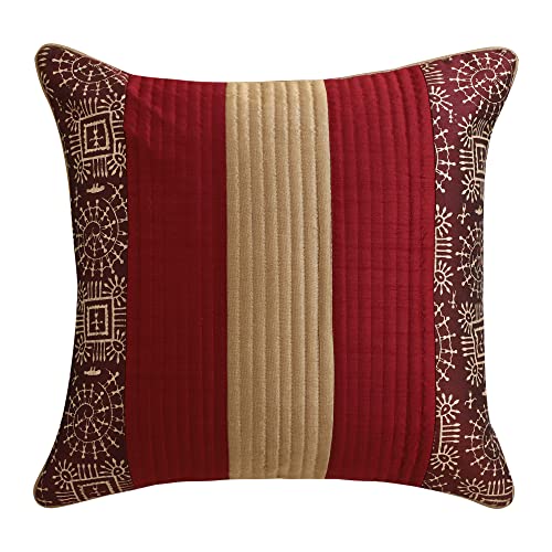 Image of Gifts Island Combo Silk Traditional Striped & Rajasthani Warli Golden Hand Printed Pillow Cushion Covers 16x16 inches Set of 5 & Round Pillow Bolster Covers Set of 2 16x32 inches (Dark Maroon)