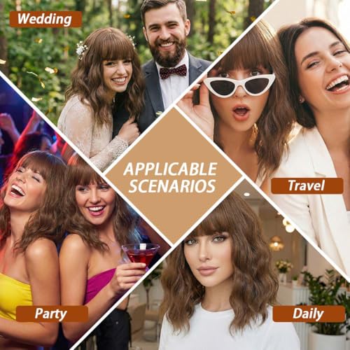 Image of Pastel Brown Wavy Bob Wig for Women, Short Shoulder Length Synthetic Wig with Bangs, Natural Looking Lightweight Hairpiece for Daily Wear & Cosplay Costume Party